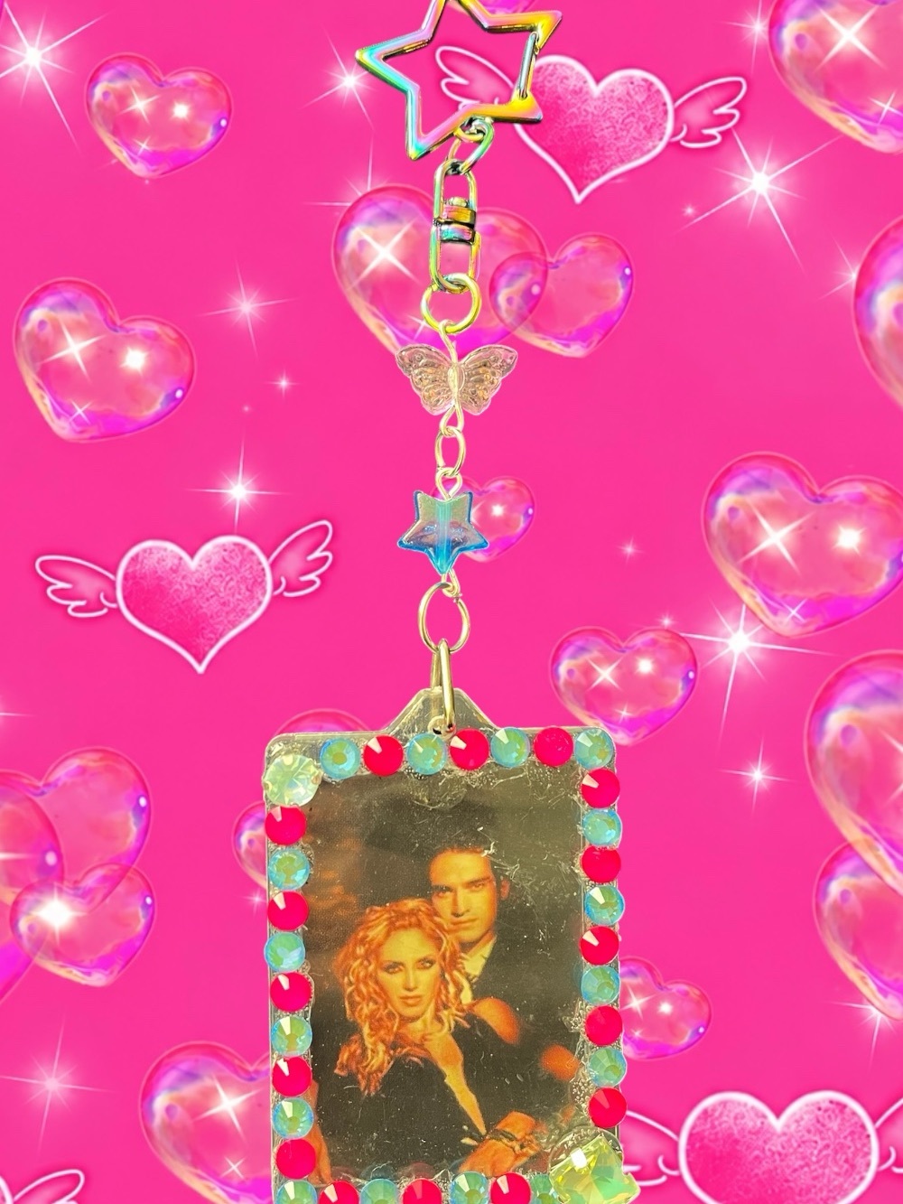 Vintage Photo Charm Keychain with Pink & Teal Rhinestones Rebelde keychain RBD